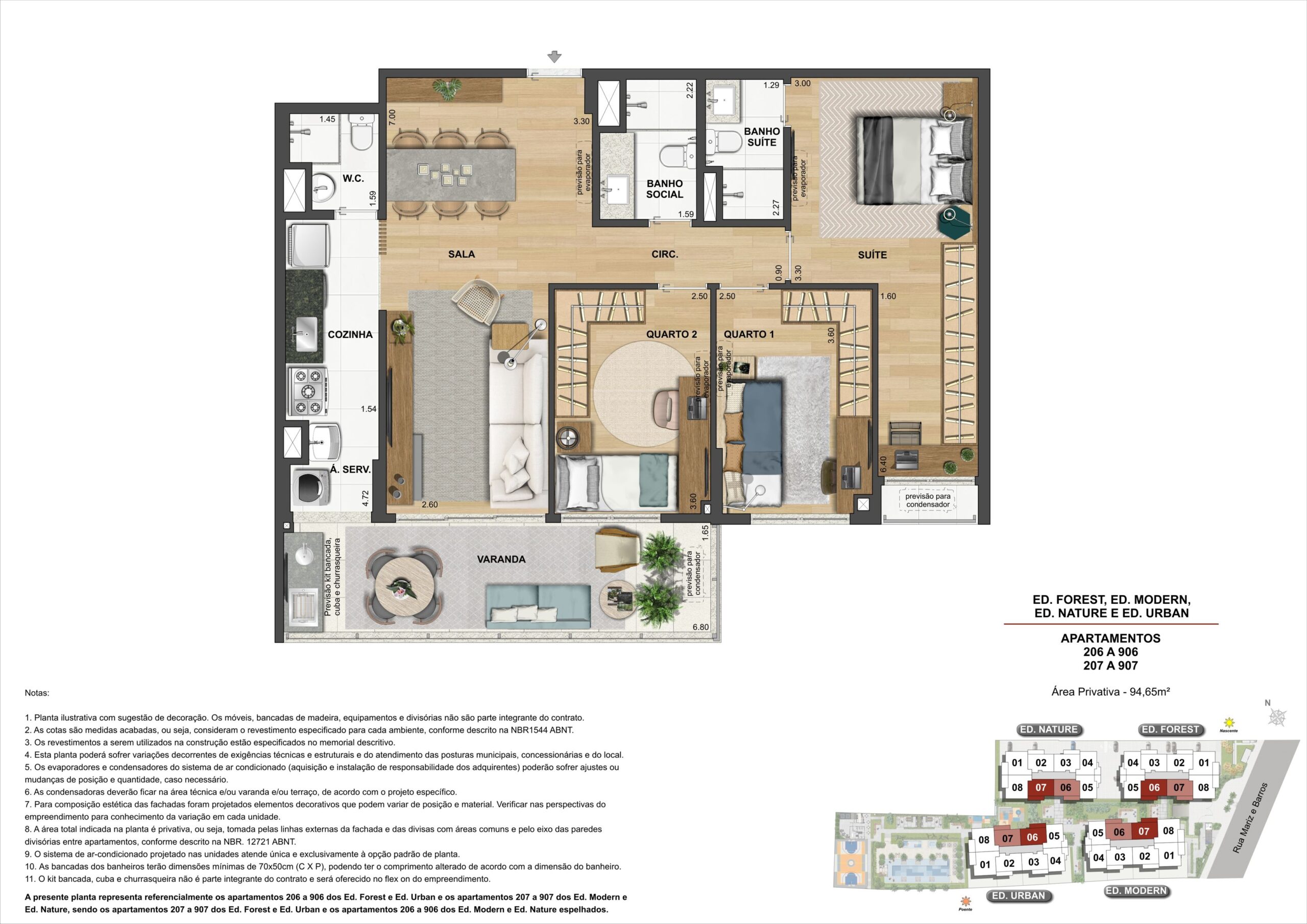 Plantas dos apartamentos 206 a 906 e 207 a 907